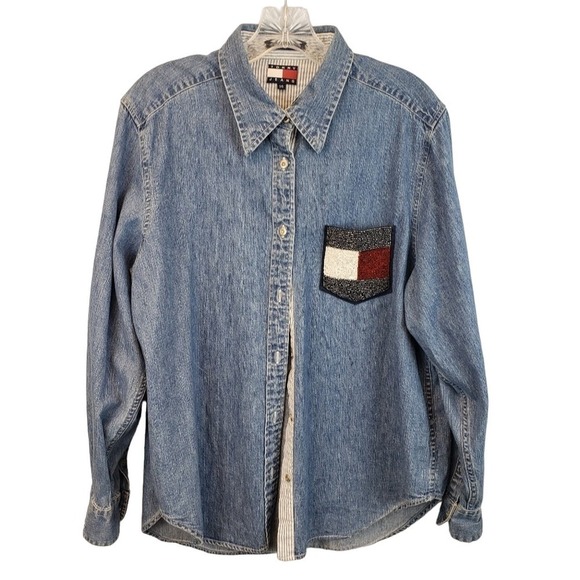 Tommy Hilfiger | VTG Y2K Denim Button-down Top SZ 14 - Picture 1 of 5